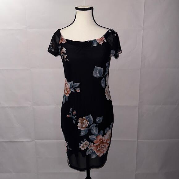 Iris floral bodycon midi black Dress women’s size large - Picture 1 of 8